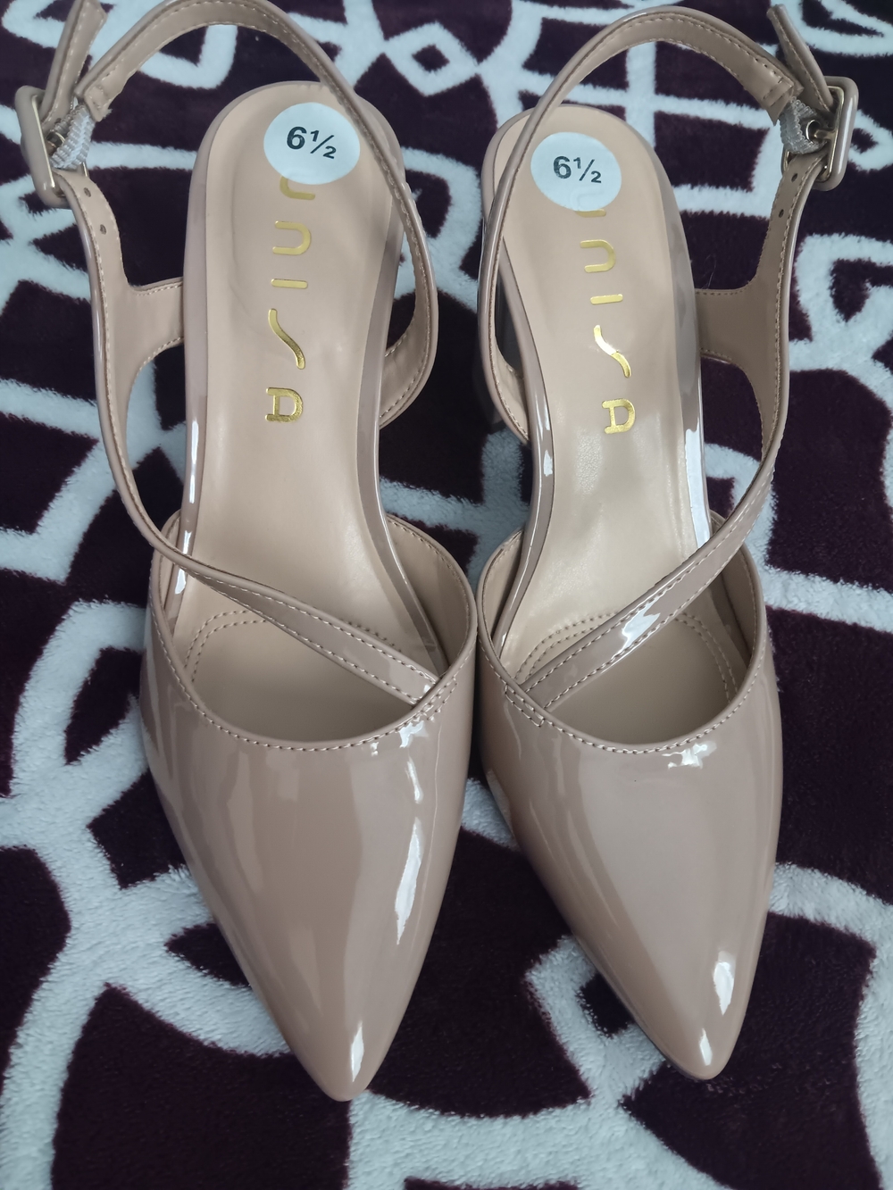 Nina Beige Patent Pointed-Toe Slingback Heels